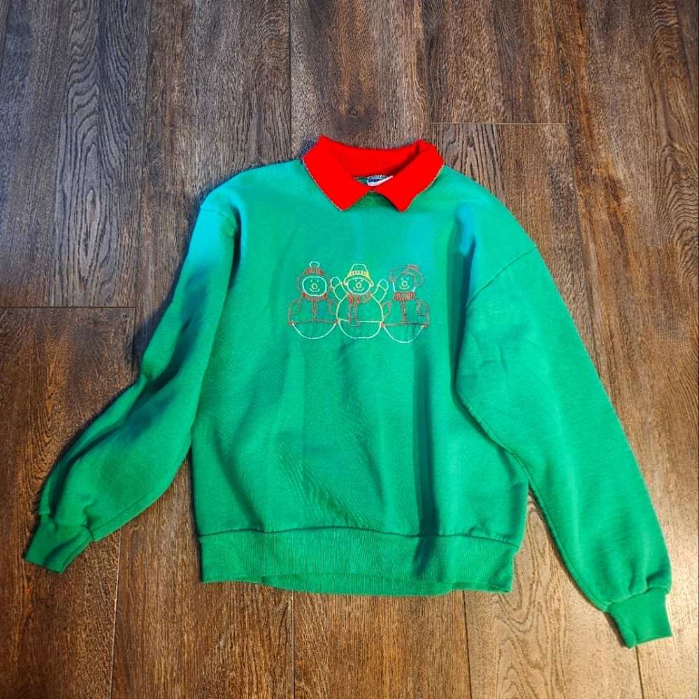 Jerzees Green Crewneck Sweatshirt Womens Size L Hand Embroidered Christmas